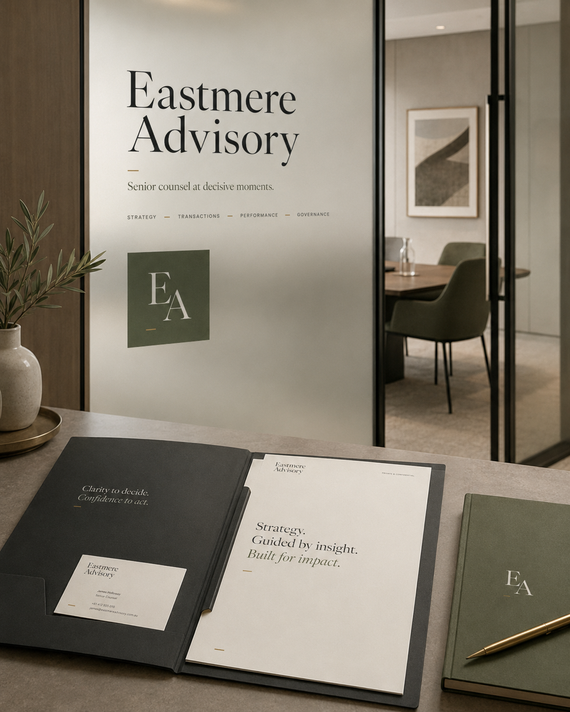 Eastmere Advisory brand environment and document concept